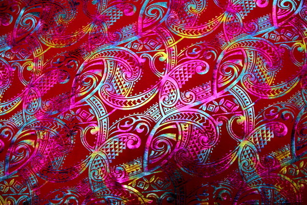 Rainbow Foiled Island Design Stretch Knit on Red