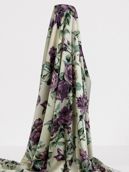 Dusky Purple Roses on Cream Printed Stretch Satin