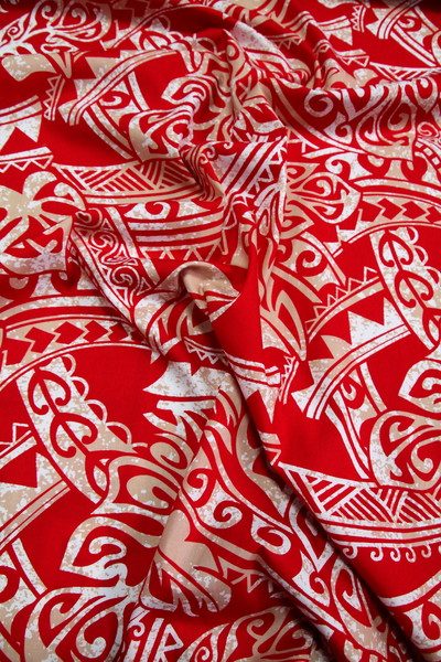 Red & Beige on White Pasifika Leaf Design Cotton