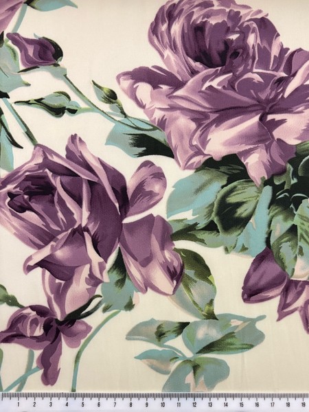 Dusky Purple Roses on Cream Printed Stretch Satin