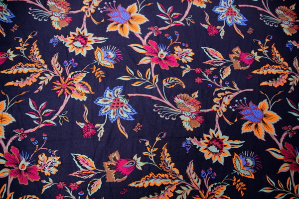 Floral Brights on Inky Navy Brushed Linen Blend