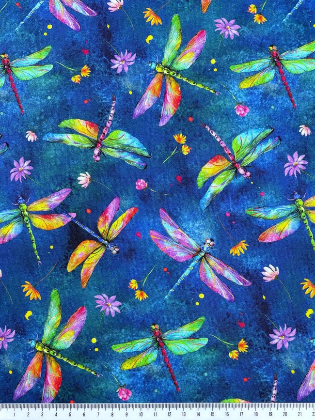 Bright Dragonflies on Blue Premium Cotton