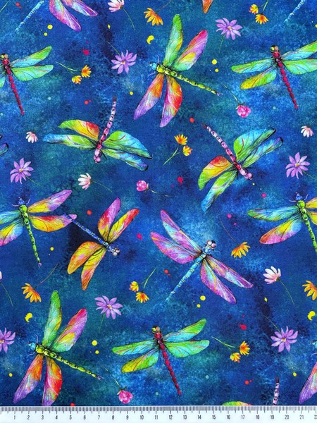 Bright Dragonflies on Blue Premium Cotton