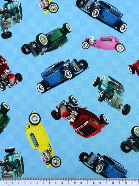 Hot Rods on Blue Printed Cotton