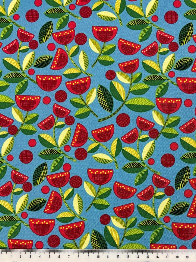 Pohutukawa on Blue Printed Cotton