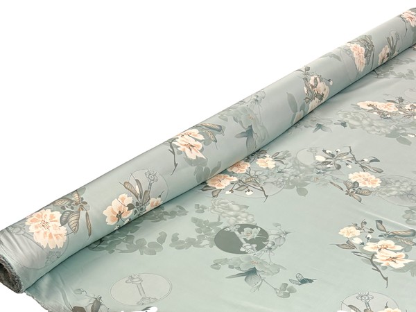 Hedgerow Blossoms on Vintage Sage Printed Stretch Satin