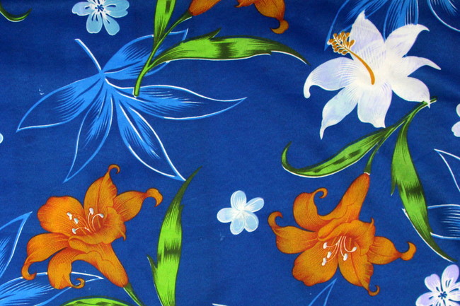 Lily & Frangipani On Blue Island Style Polycotton