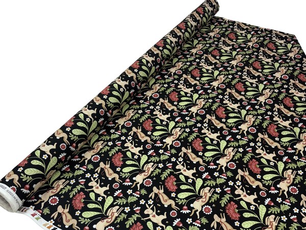 Bunnies in the Garden on Black Printed Cotton