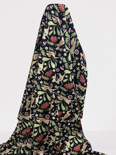 Bunnies in the Garden on Black Printed Cotton