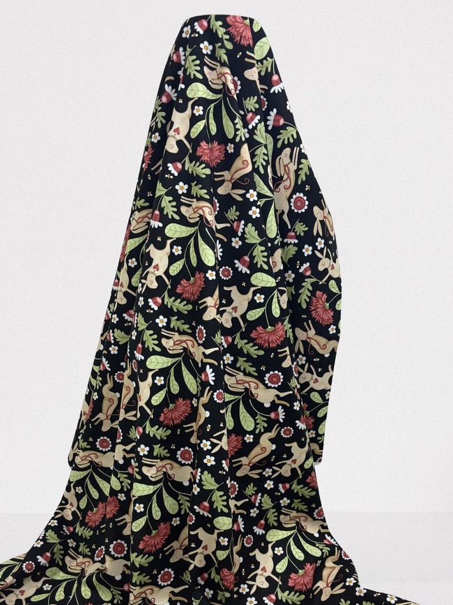 Bunnies in the Garden on Black Printed Cotton