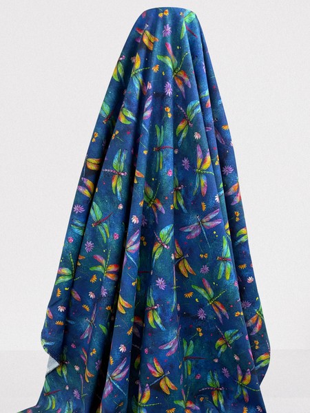 Bright Dragonflies on Blue Premium Cotton