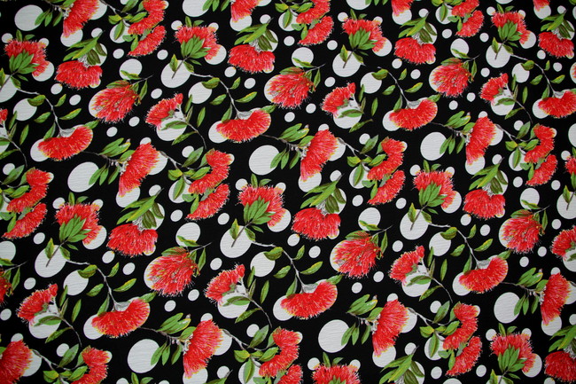 Spot the Pohutukawa On Black Crinkled Georgette