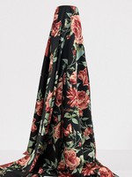Dusky Red Roses on Black Printed Stretch Satin