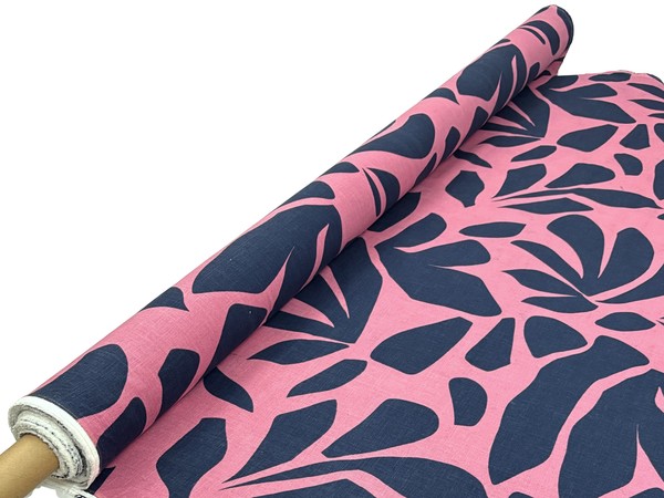 Navy Abstract on Dark Guava Pink Stretch Linen Blend