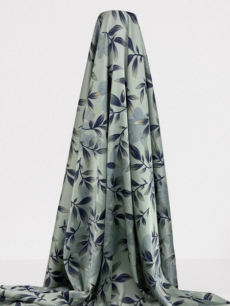 Navy & Gold Leaves on Seagreen Sage Printed Stretch Satin