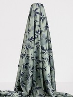 Navy & Gold Leaves on Seagreen Sage Printed Stretch Satin