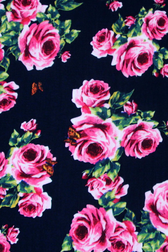 Pink Roses & Butterflys on Dark Navy Printed Rayon