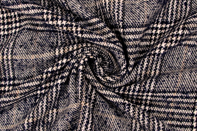 Navy, White & Beige Check Wool Blend