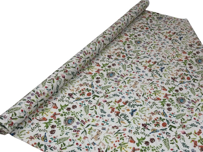 Hedgerow Birds & Butterflies on White Printed Cotton