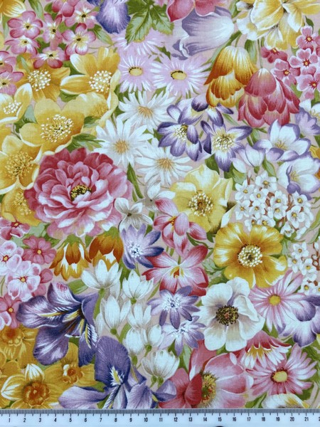 Springtime Flowers on Printed Cotton