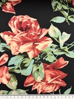 Dusky Red Roses on Black Printed Stretch Satin