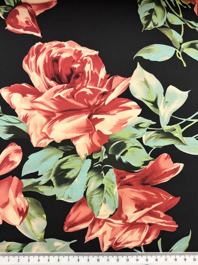 Dusky Red Roses on Black Printed Stretch Satin