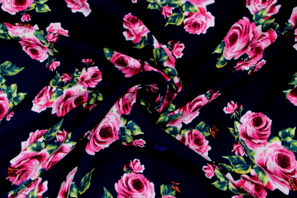 Pink Roses & Butterflys on Dark Navy Printed Rayon
