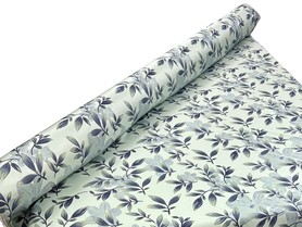 Navy & Gold Leaves on Seagreen Sage Printed Stretch Satin