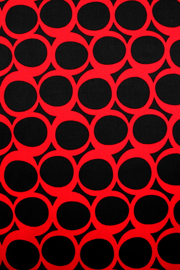 Red Retro Circles on Black Printed Cotton