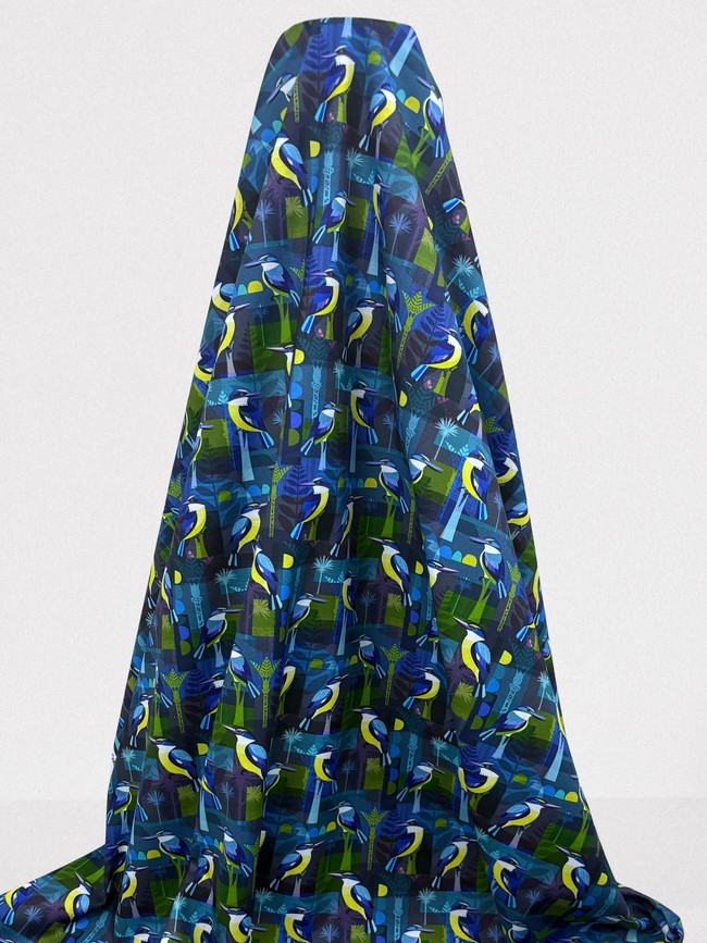 Kingfishers on Navy Premium Printed Kiwiana Cotton