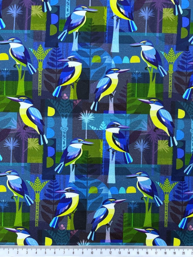 Kingfishers on Navy Premium Printed Kiwiana Cotton
