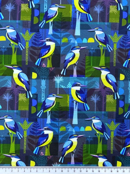 Kingfishers on Navy Premium Printed Kiwiana Cotton