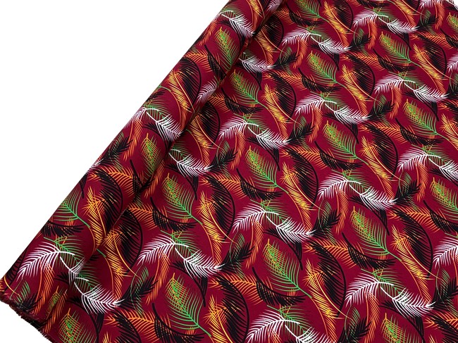 Fronds of Black, Green & Warm Tones on Burgundy Rayon
