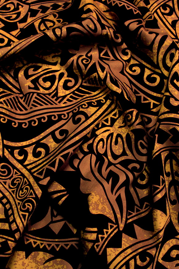 Taupe Tones on Dark Burgundy Pasifika Leaf Design Cotton