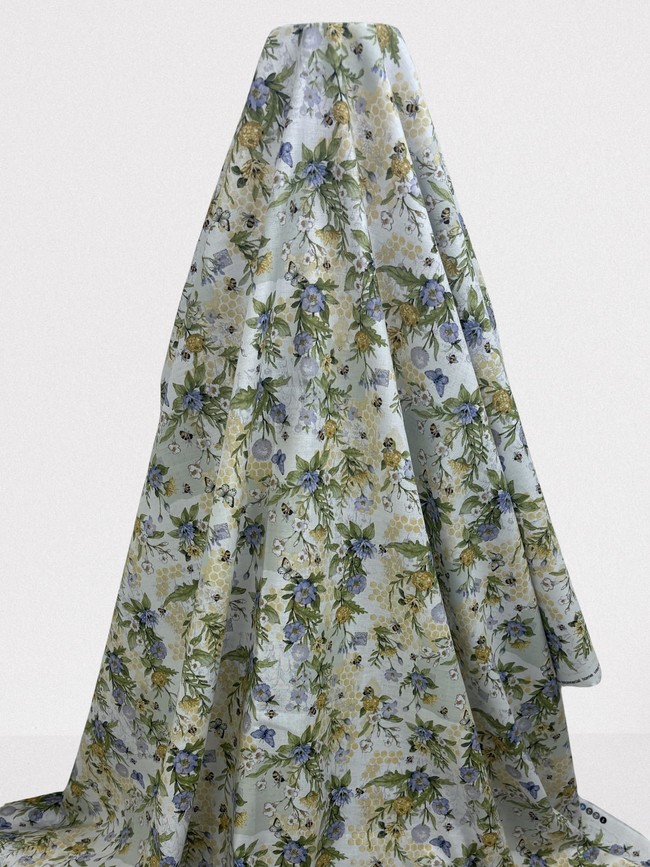 Flowers & Honeycomb on Soft White Printed Cotton