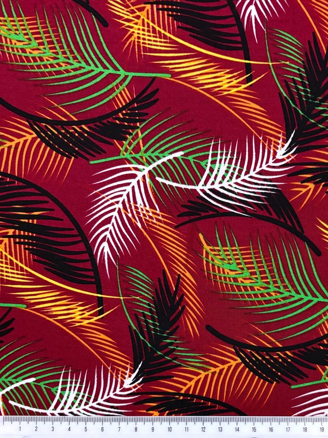 Fronds of Black, Green & Warm Tones on Burgundy Rayon