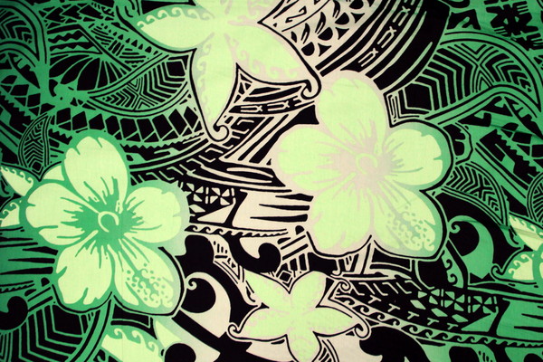 Green Tones Pacific Design on Black Printed Cotton