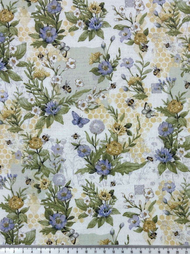 Flowers & Honeycomb on Soft White Printed Cotton