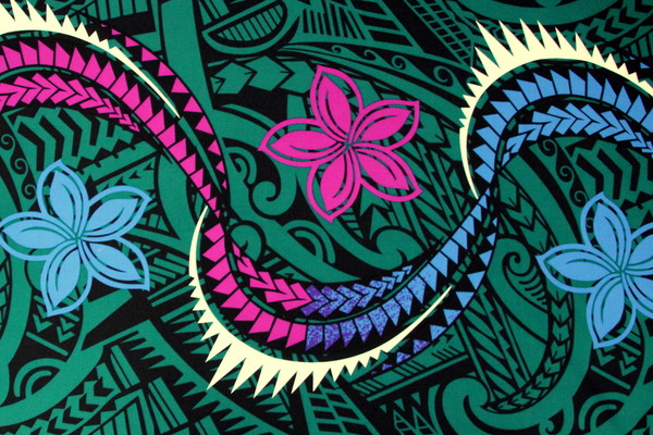 White, Blue & Magenta Swirl Island Design on Teal & Black Printed Rayon/Cotton Blend