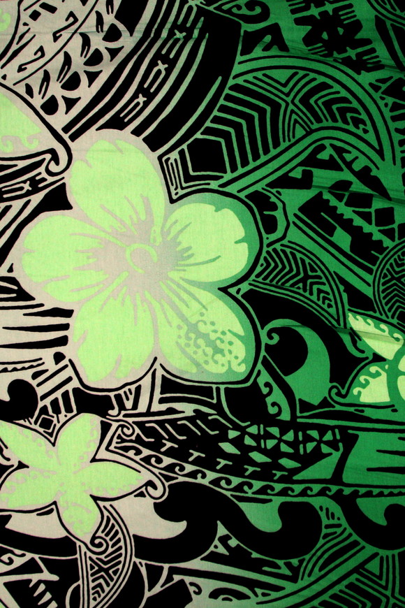 Green Tones Pacific Design on Black Printed Cotton