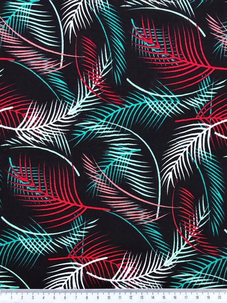 Fronds of White, Green & Red on Black Rayon