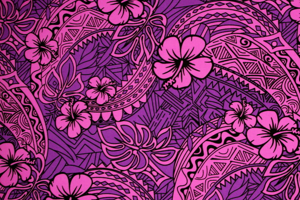 Pink & Black Hibiscus on Purple Pasifika Printed Cotton