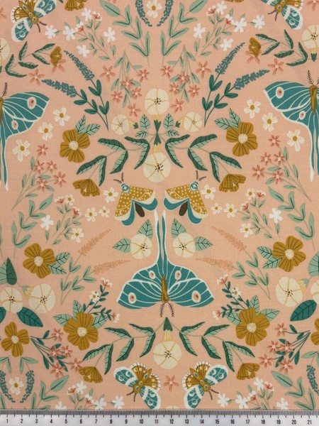Retro Moths & Hedgerow Flowers on Pale Apricot Printed Cotton