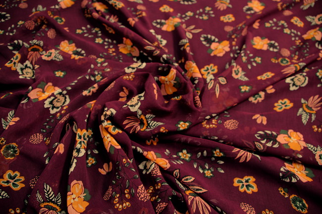 Mustard & Pink Floral on Burgundy Chiffon