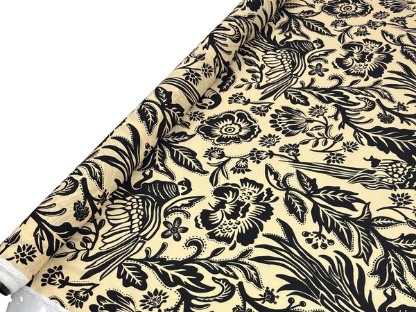 Parrots in Black on Butterscotch Digital Printed Viscose