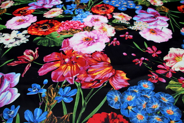 Luscious Floral Digital Printed Stretch Sateen - Multi on Black
