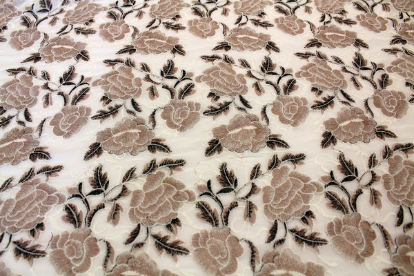 Lightweight Embroidered Floral Design Chiffon - Pinky Brown, Black & Ivory