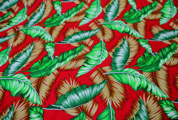 Greens & Tans Palm Leaves on Red Rayon