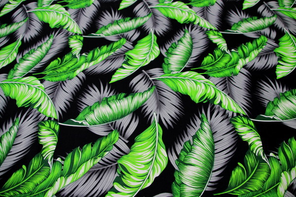 Greens & Grey Palm Leaves on Black Rayon