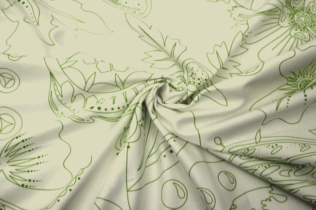 Sketched Lime Green Flowers on Ivory Printed Cotton